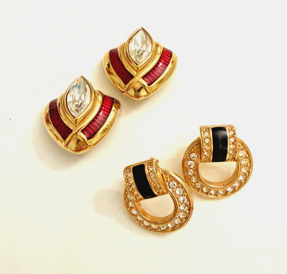 Pair of Vtg Signed S.A.L. Swarovski Gold Tone Pave Rhinestone & Enamel Earrings